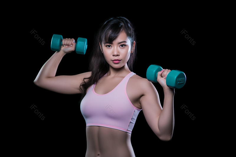 紫色性感内衣女士手拿两个哑铃健身房运动健身肌肉锻炼健康实拍,高清,摄影图,摄影图片,图片大全,摄影图免费下载